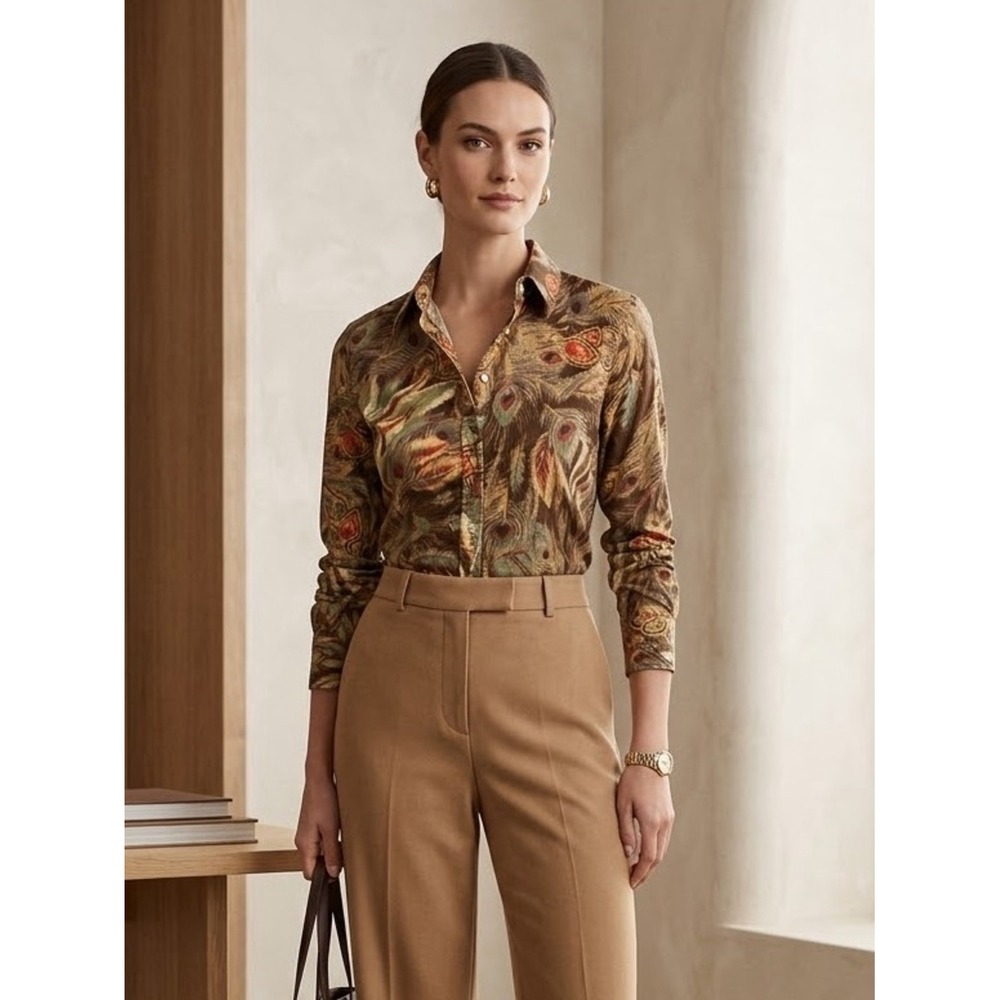 LAUREN Ralph Lauren Brown Peacock Feather Print Button Down Top XS Boho Western